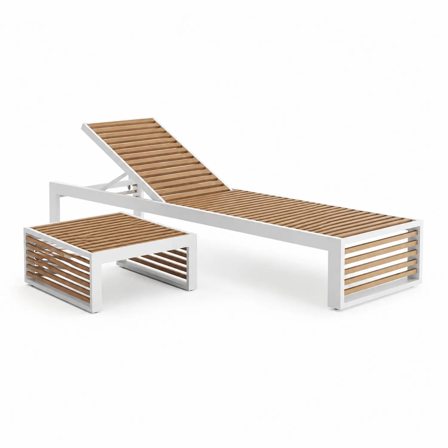 Chaise Longue Extérieure en Aluminium et Teck avec Table Basse