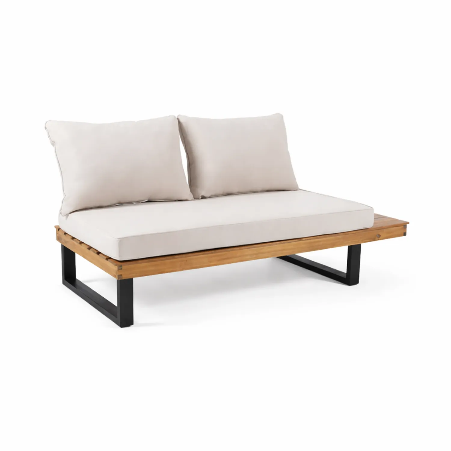 Canapé d'extérieur en bois et métal avec coussins beige