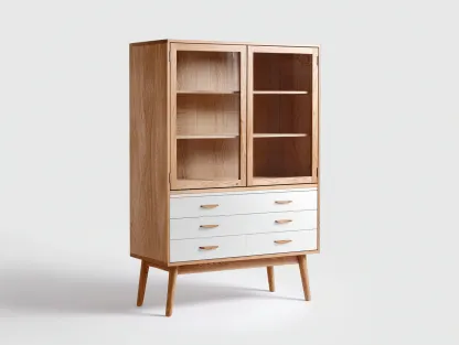 Estanterías de madera con puertas de vidrio 100x40x160 cm - acabado natural blanco - diseño moderno para salón-Mitaaloft