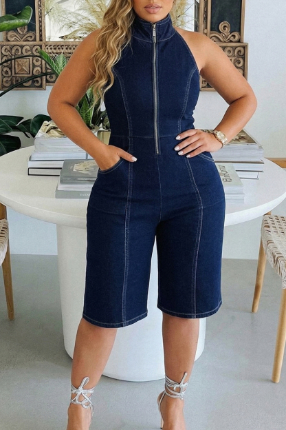 Women's Casual Zippered Denim Jumpsuit