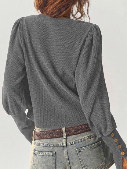 Casual Warm Textured Knit Puff Sleeve Top