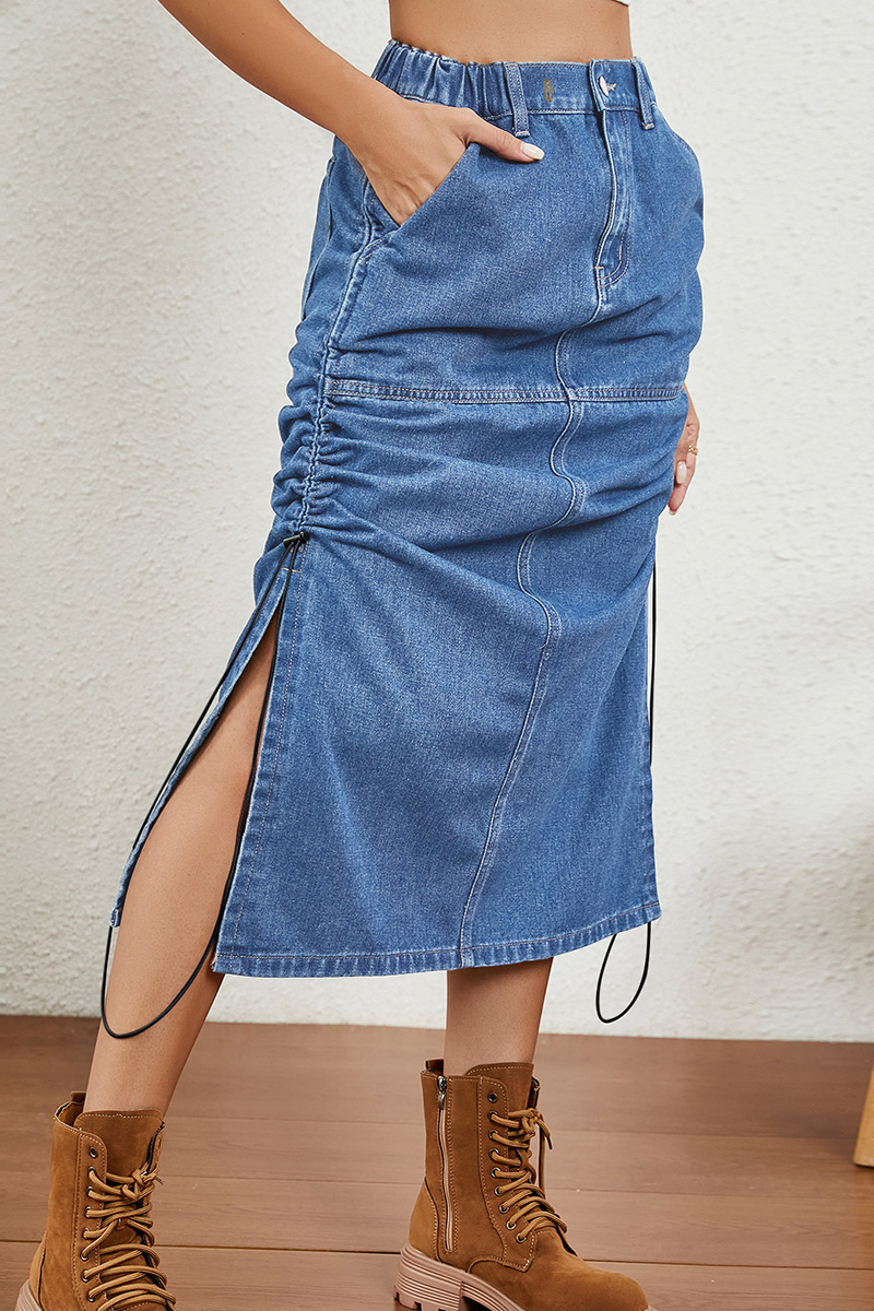Casual Side Drawstring Elastic Waist Washed Denim Skirt