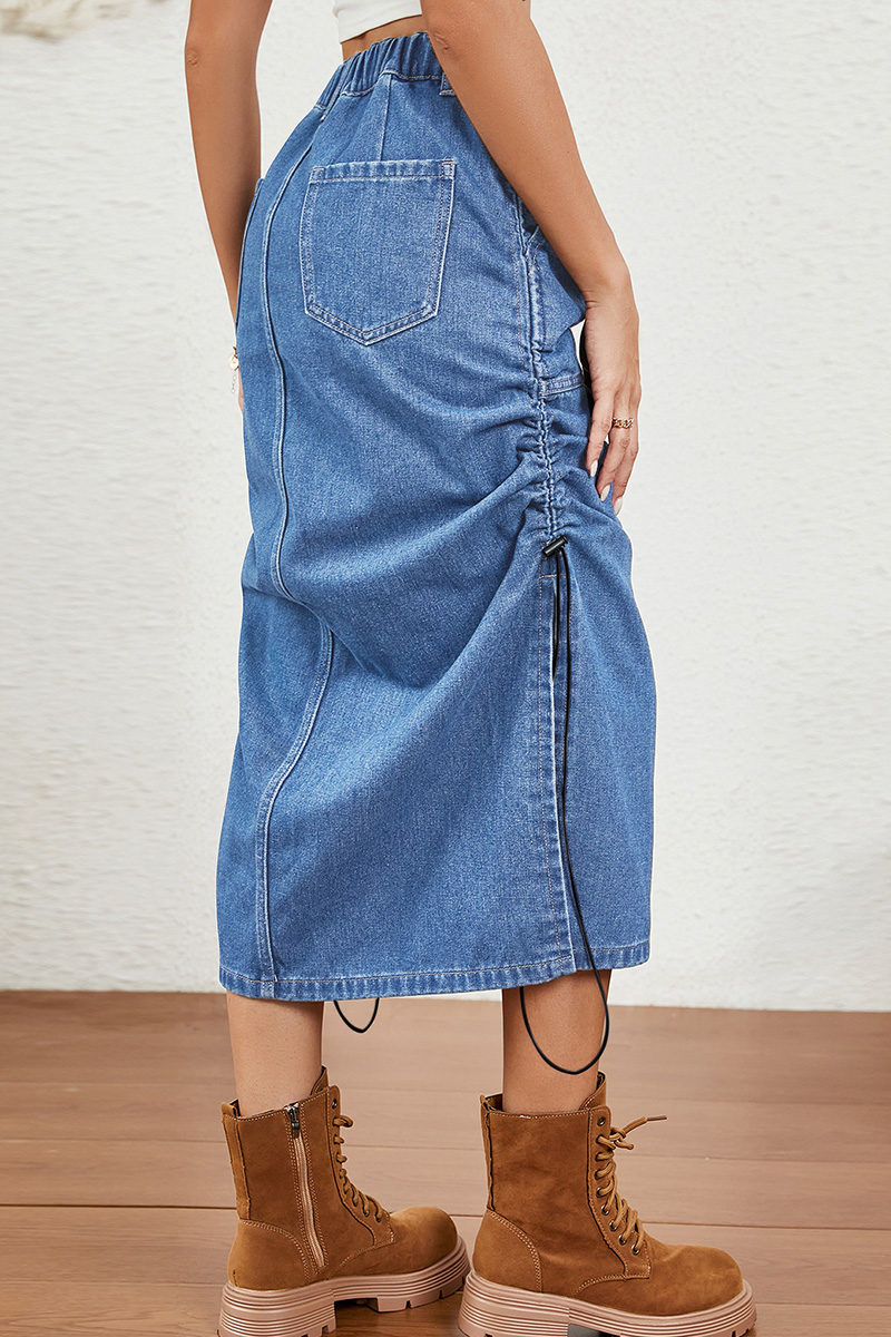 Casual Side Drawstring Elastic Waist Washed Denim Skirt