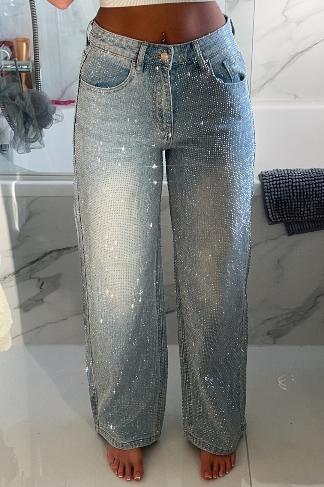 Women's Fashion Sparkling Rhinestone Washed Wide Leg Jeans