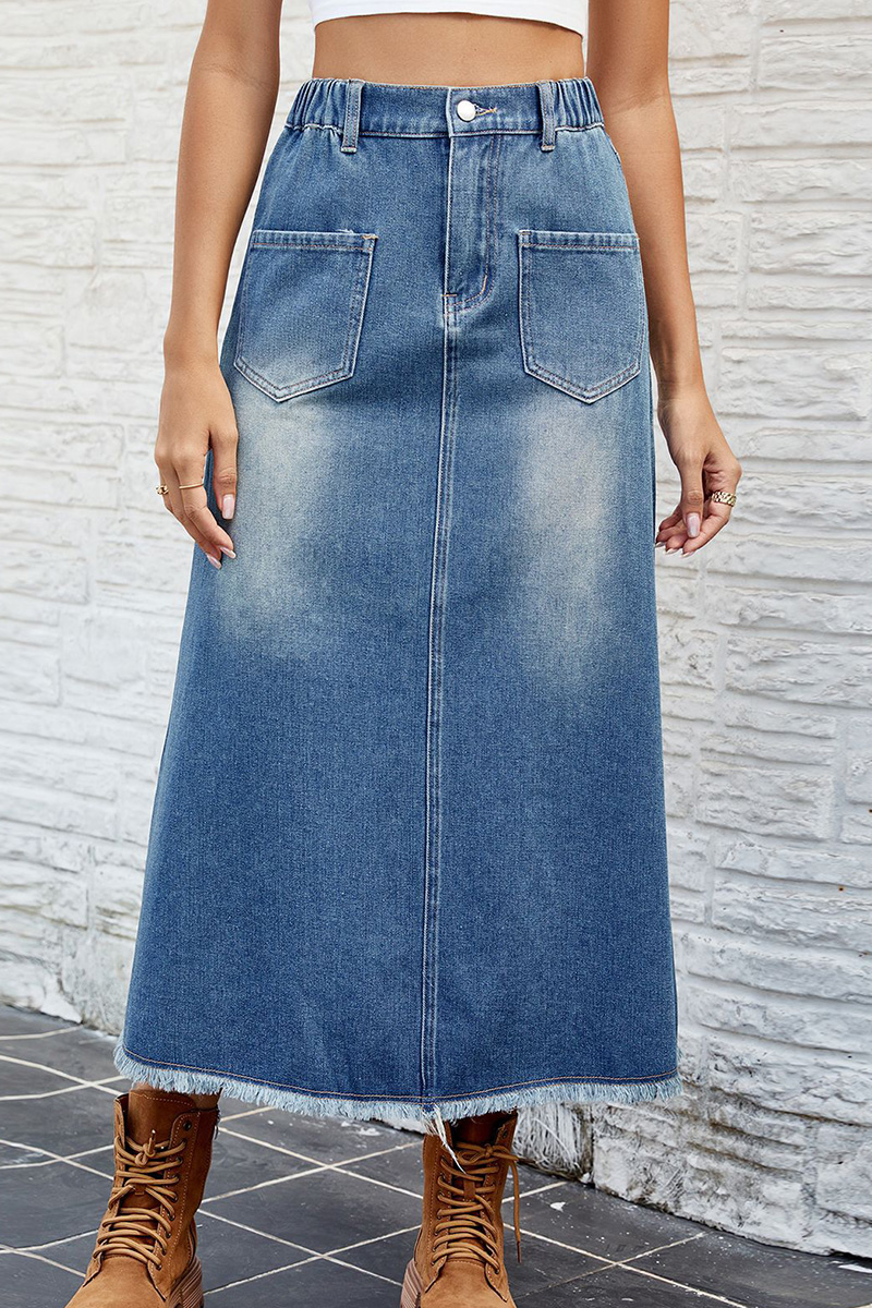 Women's Distressed Denim Midi Skirt