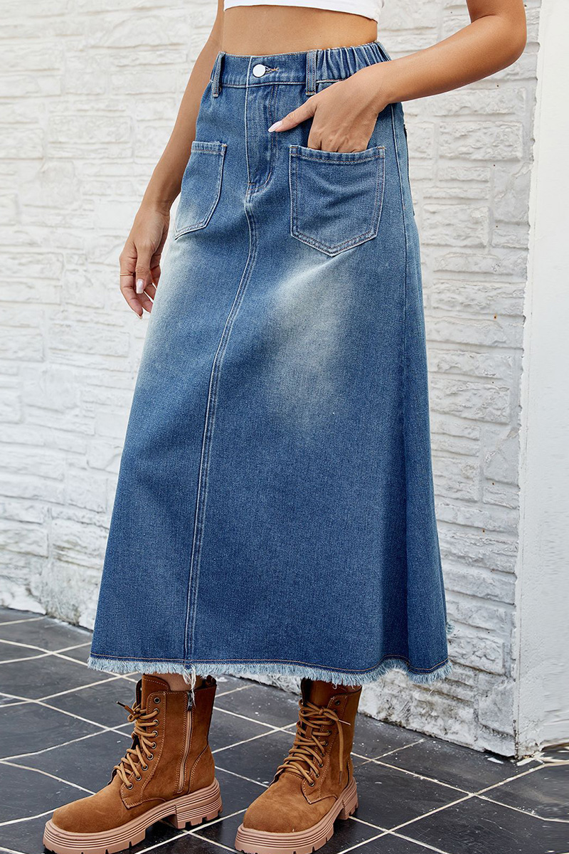 Women's Distressed Denim Midi Skirt