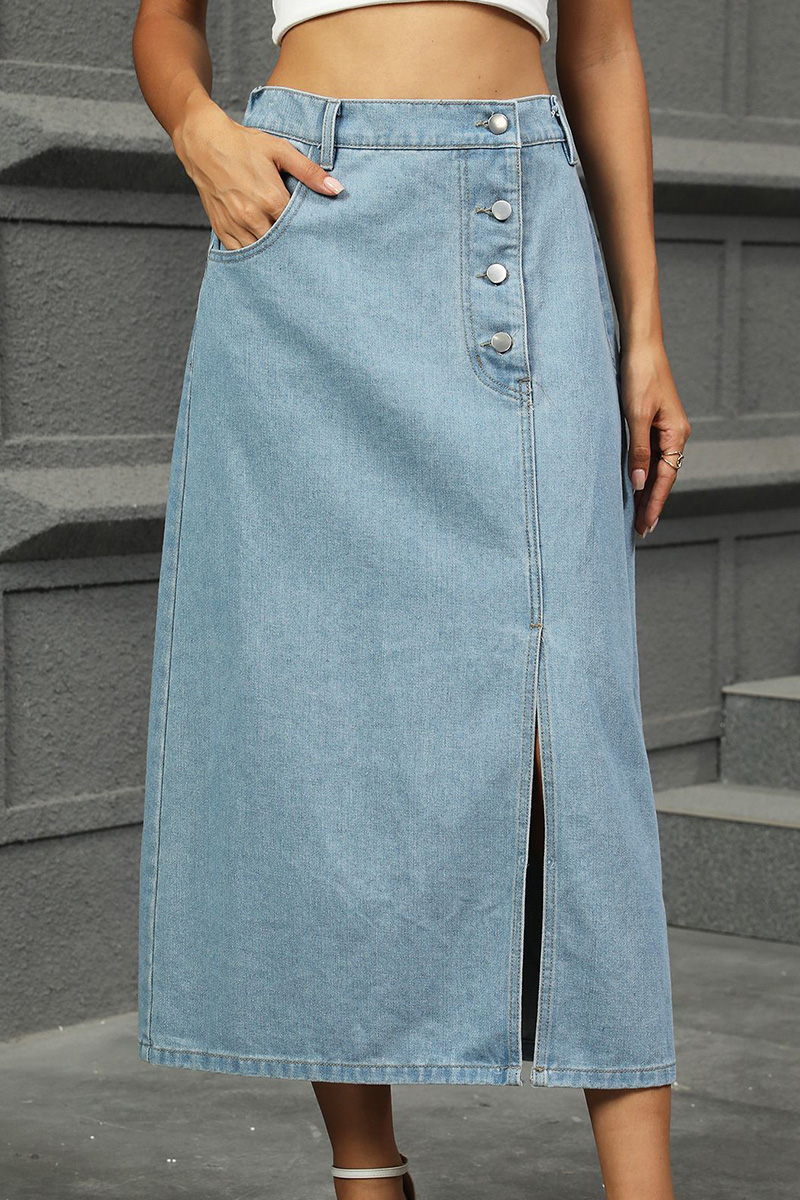 Women's Washed Denim Button-Down Skirt