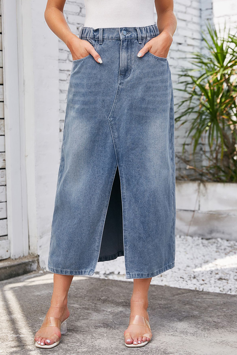 Women's Elastic Waist Slit Denim Midi Skirt