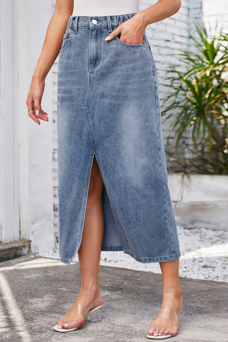 Women's Elastic Waist Slit Denim Midi Skirt
