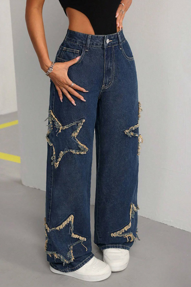 Women's Trendy Star Fringe Distressed Straight-leg Denim Jeans