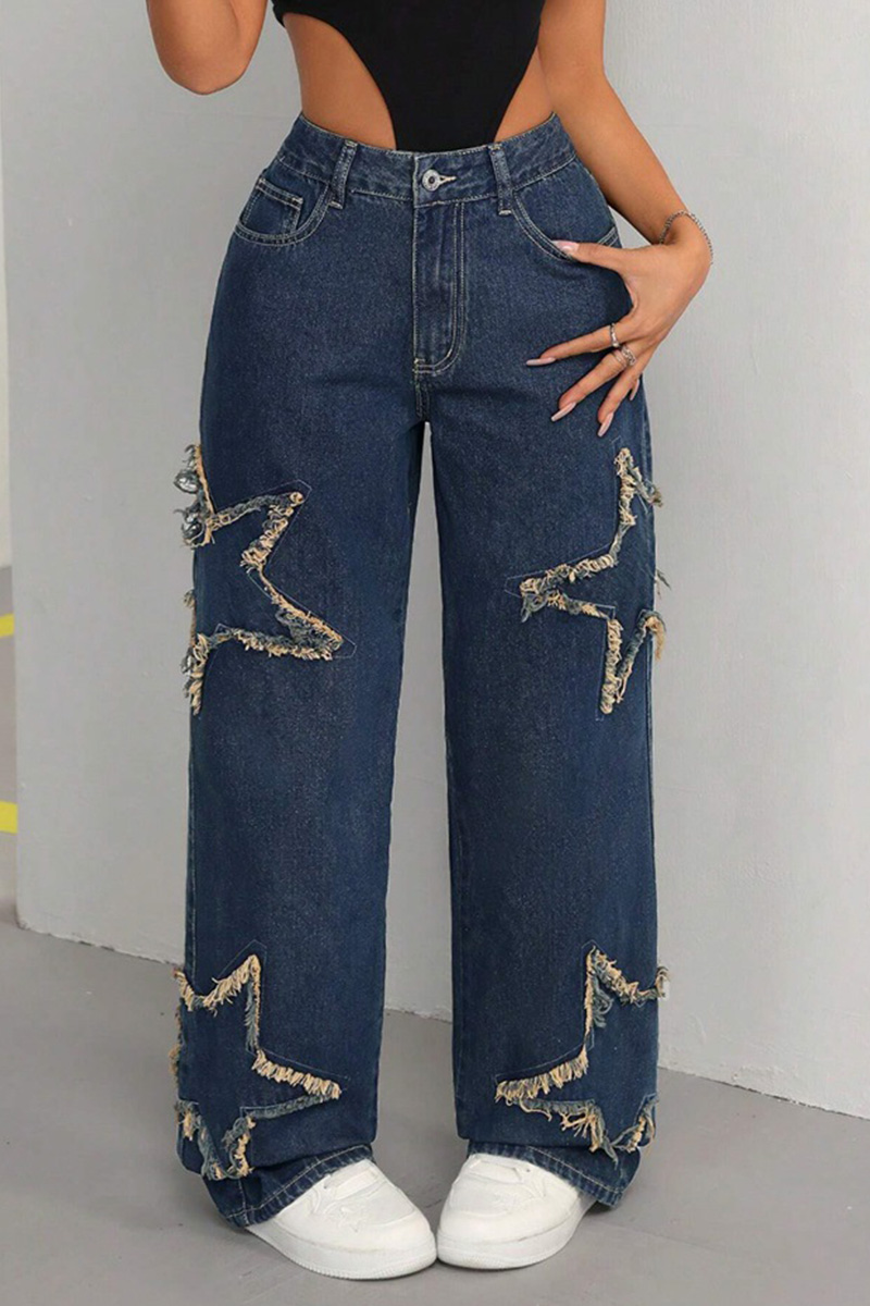 Women's Trendy Star Fringe Distressed Straight-leg Denim Jeans