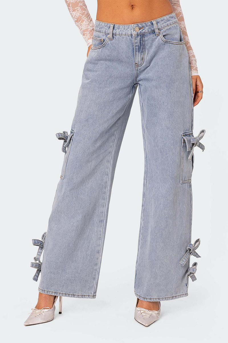 Women's Heavy Wash Ribbon Bow Jeans