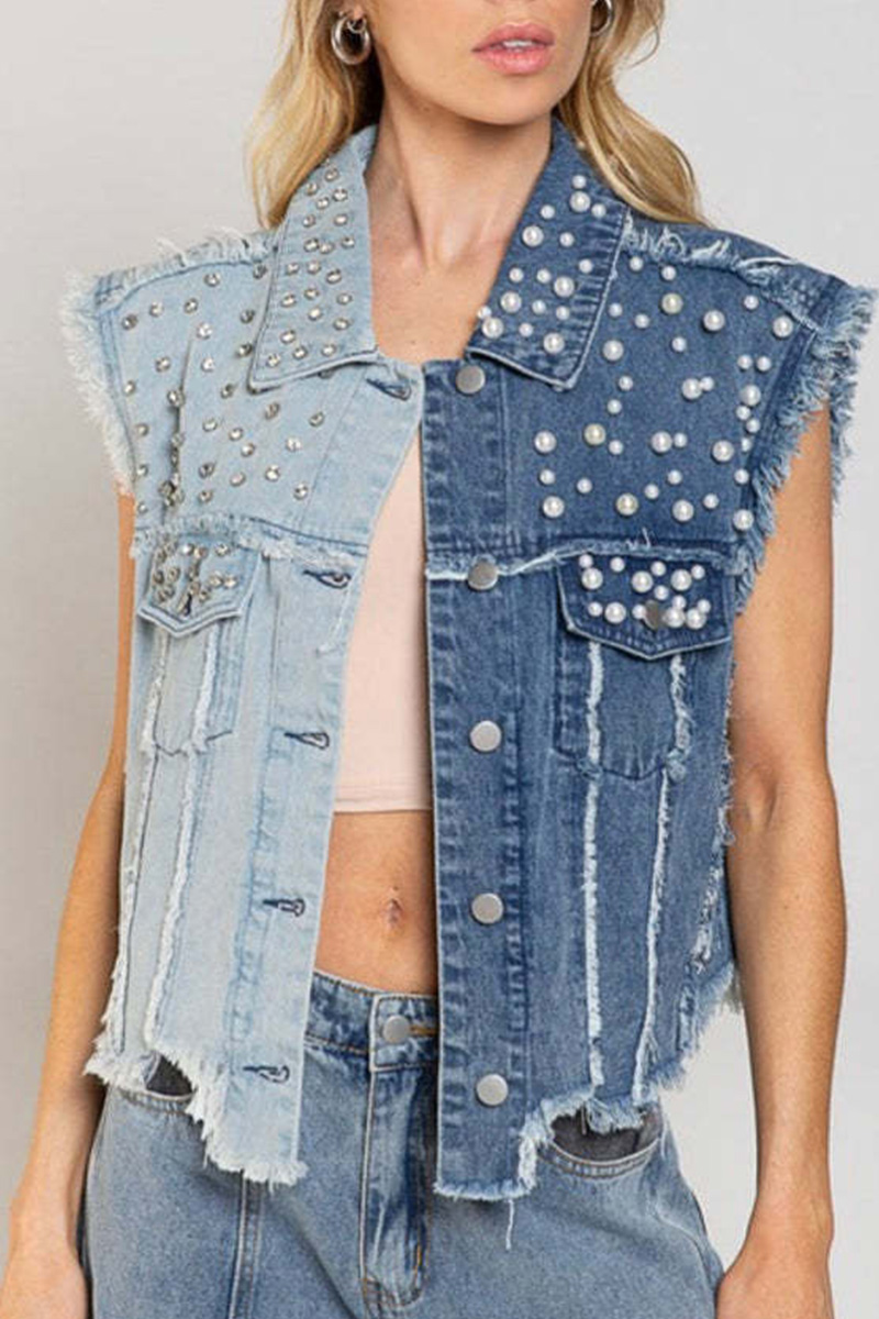 Women's Patchwork and Beaded Sleeveless Denim Jacket