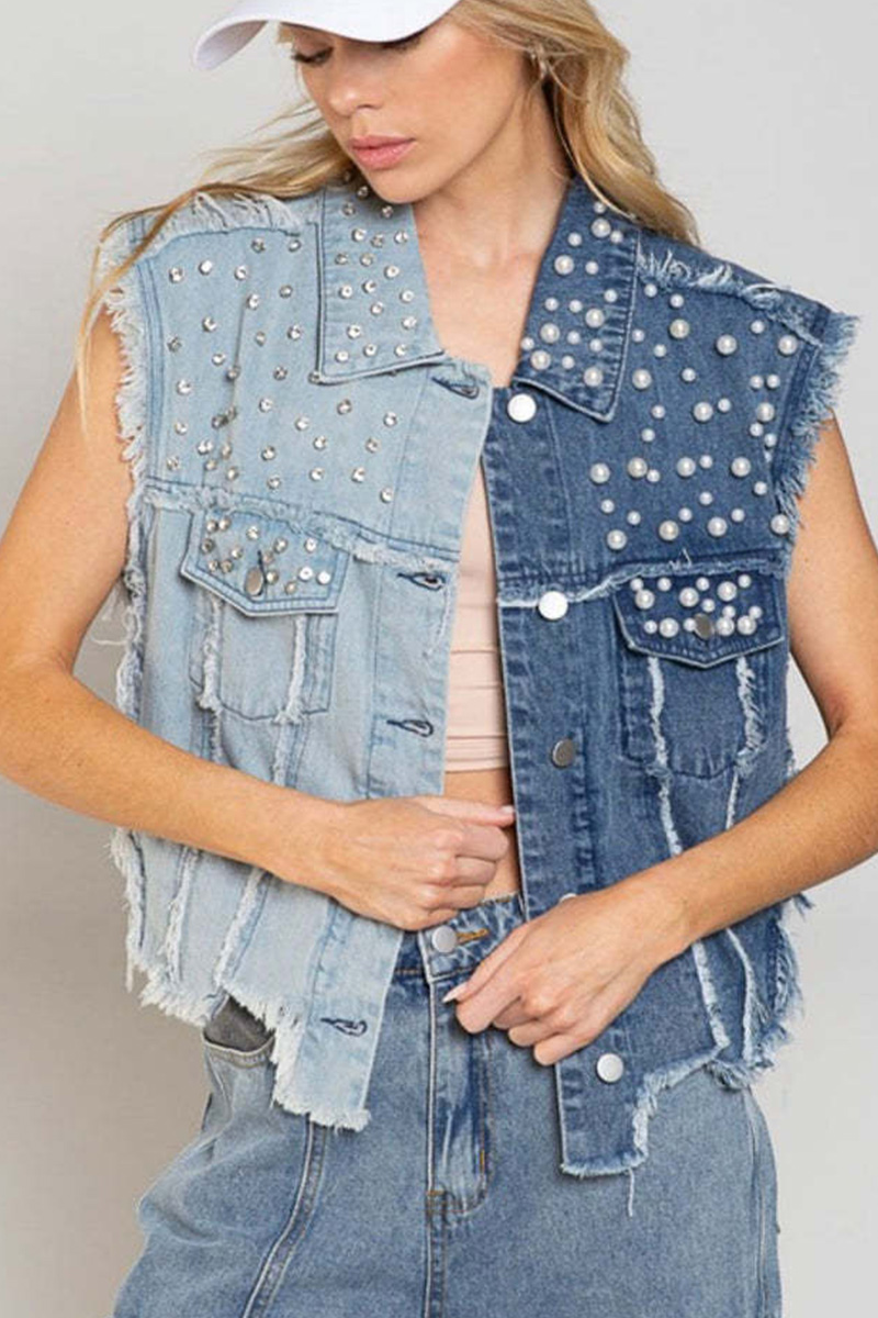 Women's Patchwork and Beaded Sleeveless Denim Jacket