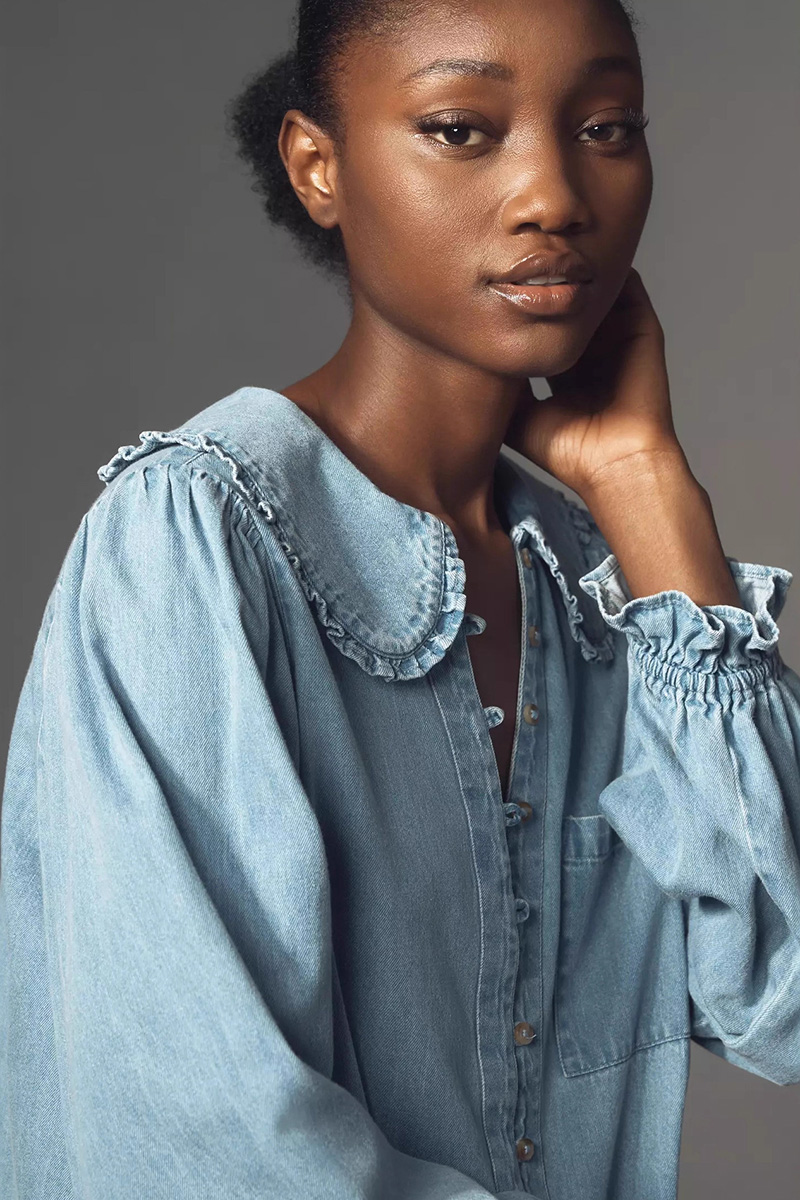 Women's Vintage Washed Denim Long-Sleeve Shirt