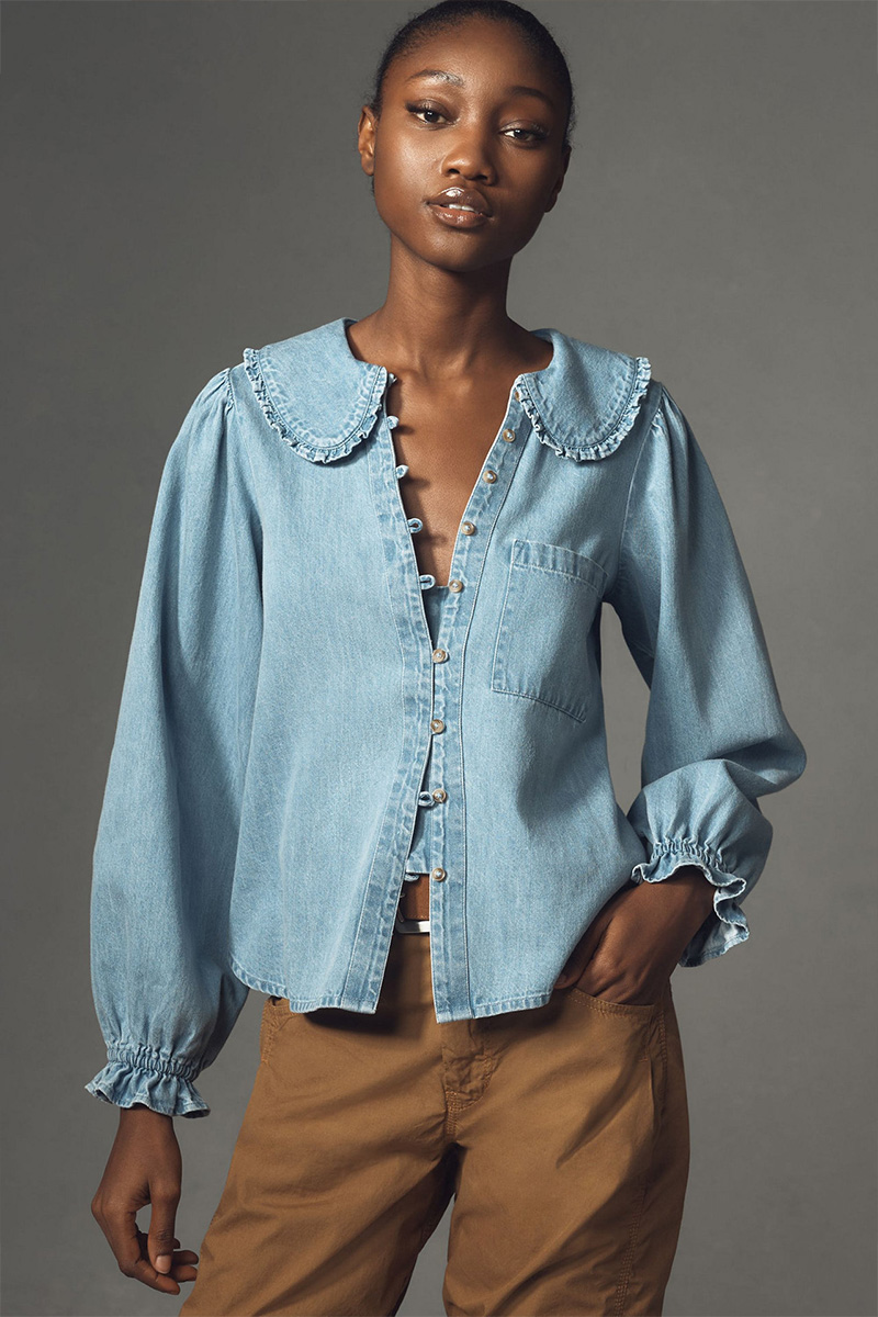 Women's Vintage Washed Denim Long-Sleeve Shirt