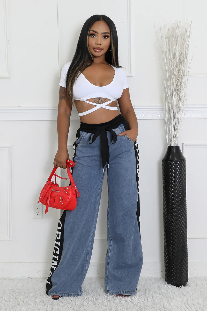 Women's Patchwork Webbing Wide-Leg Denim Jeans