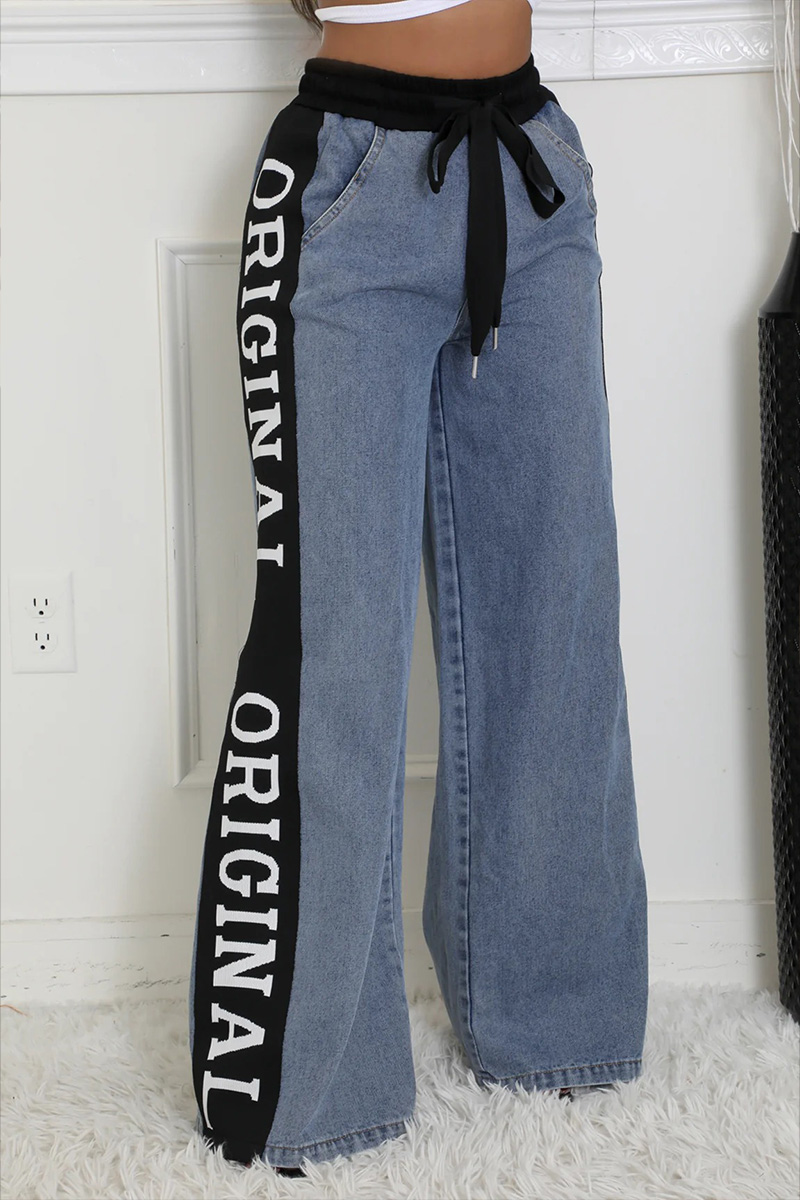 Women's Patchwork Webbing Wide-Leg Denim Jeans