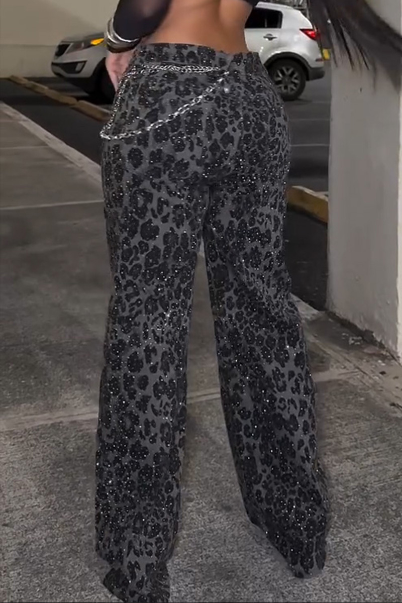 Lady's Leopard Print Rhinestone Jeans