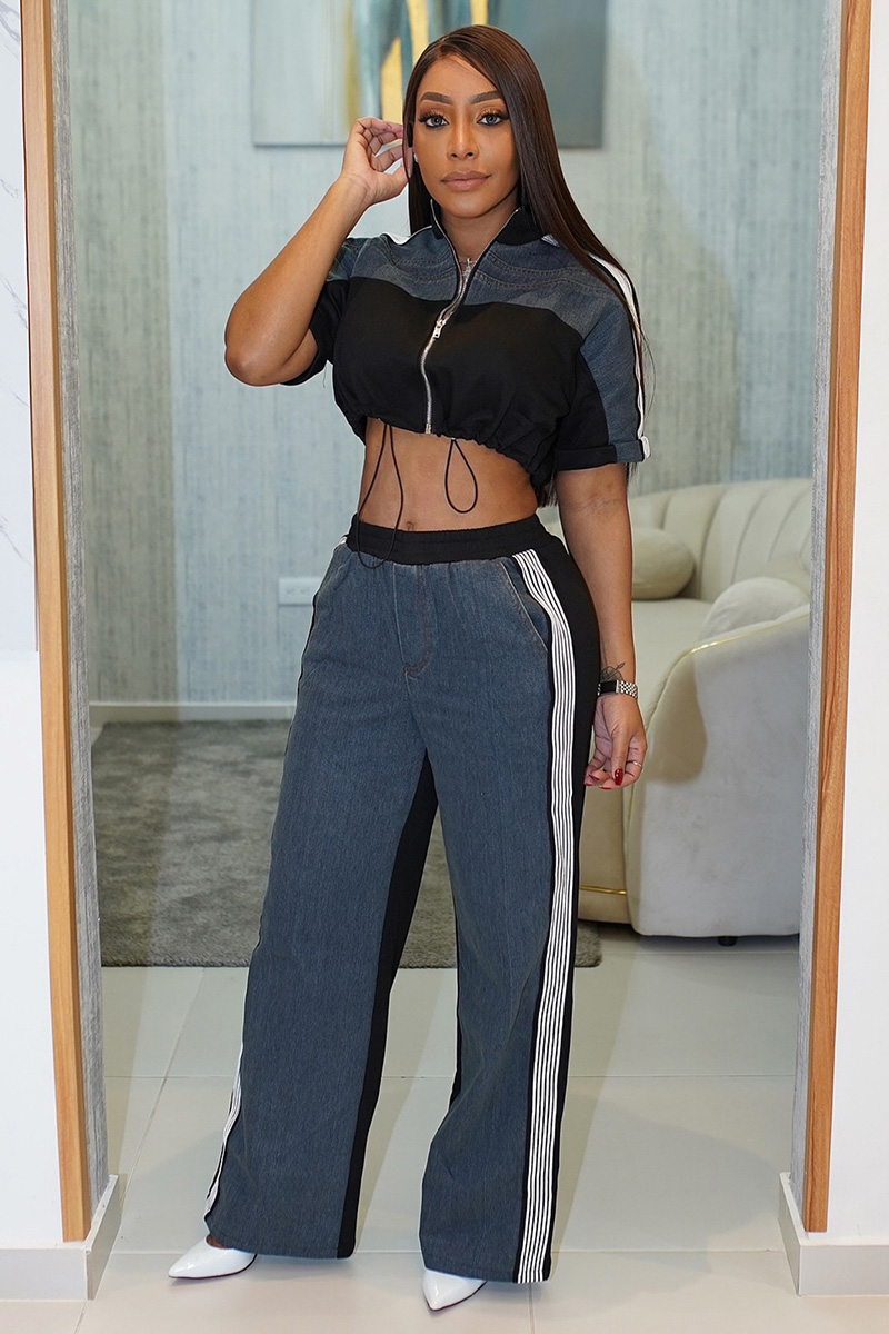 Women's Denim Patchwork Stand Collar Top & Color Block Pants Set