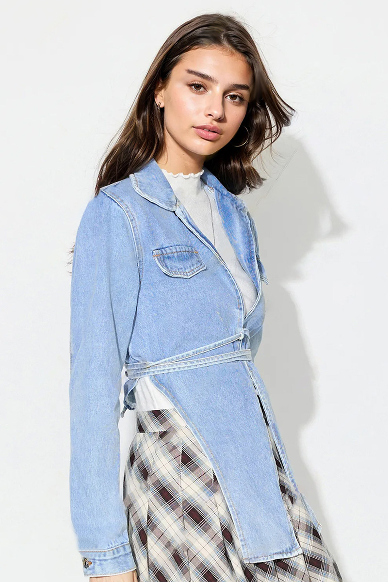 Fashionable Notched Lapel Tie Waist Fitted Denim Jacket