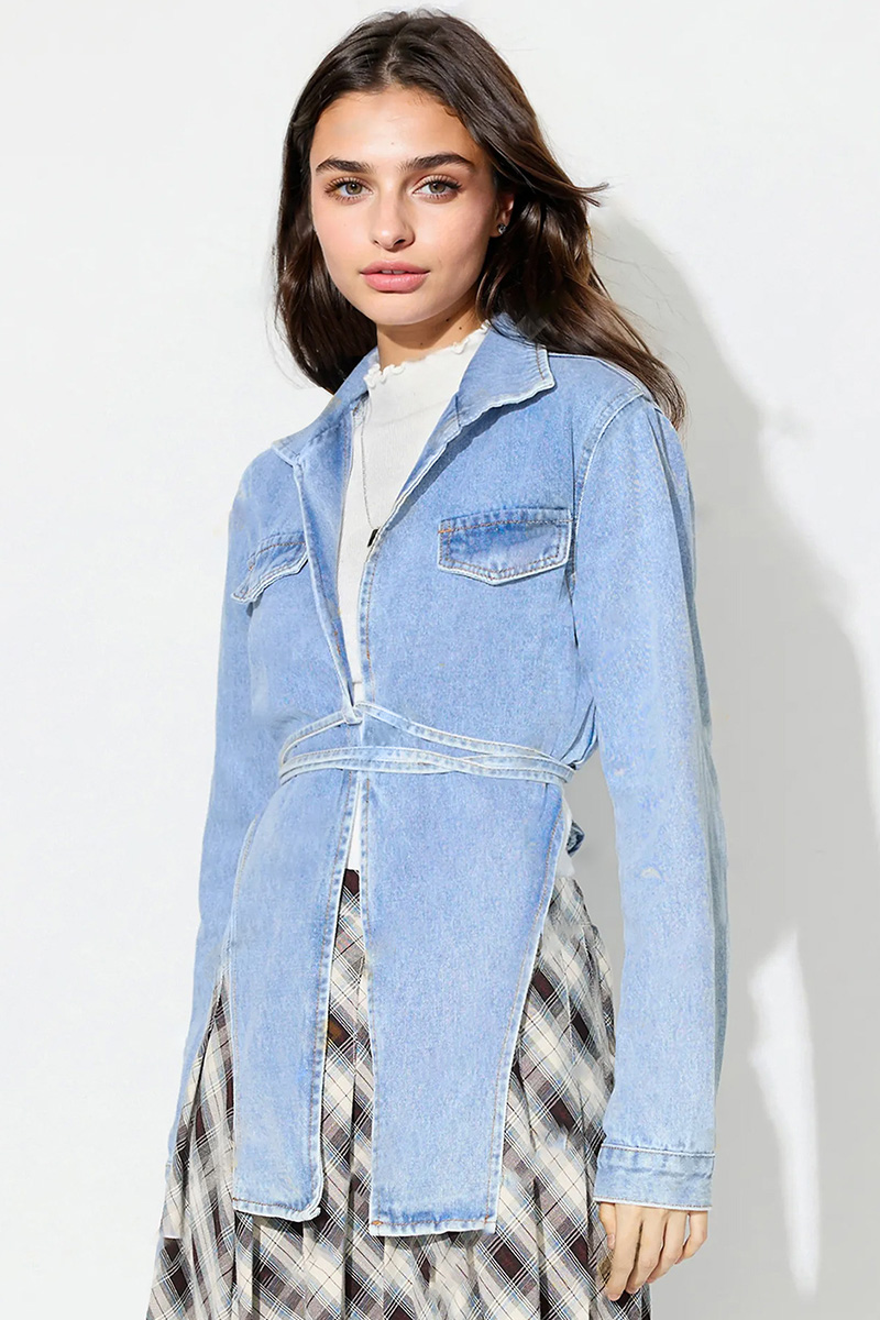 Fashionable Notched Lapel Tie Waist Fitted Denim Jacket