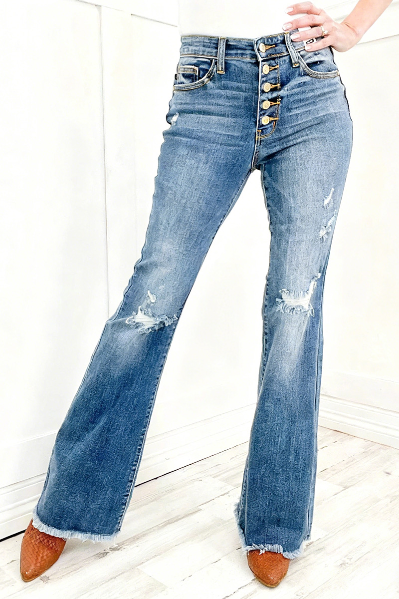 Vintage Fit Stretch Flared Jeans With Multiple Buttons
