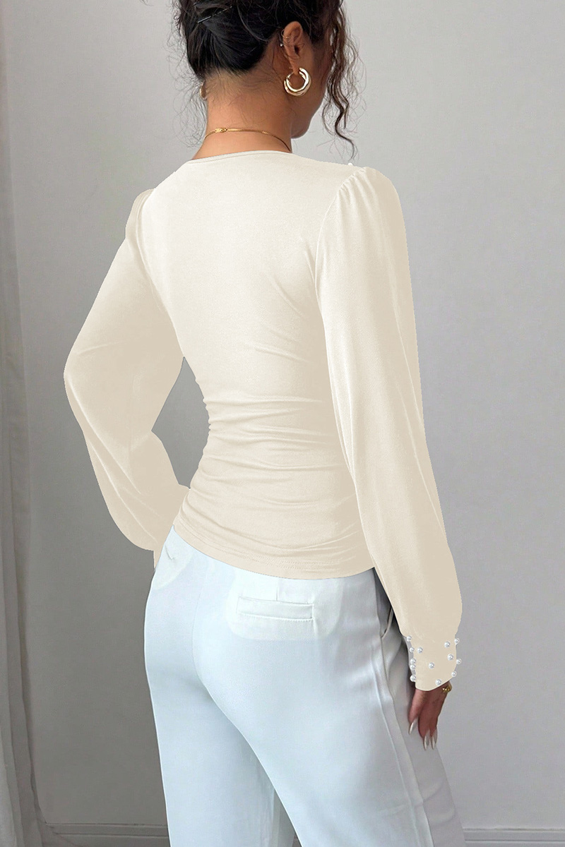 Ladies V Neck Pearl Embellished Slim Fit Long Sleeve Top