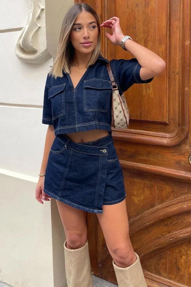 Women's Double Breasted V-Neck Cropped Shirt And High Waist Skirt Set