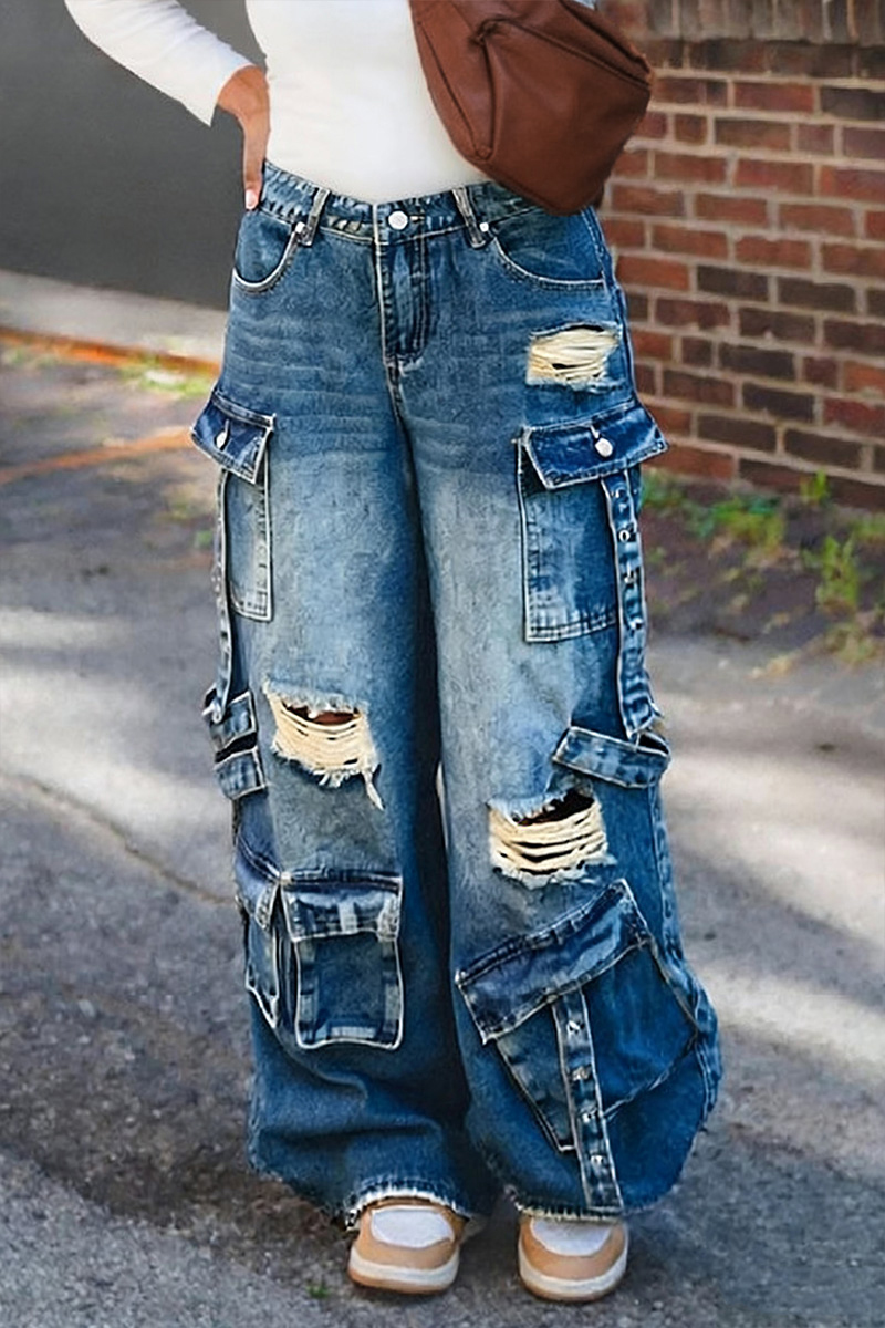 Women's Distressed Wash Multi Pocket Cargo Jeans