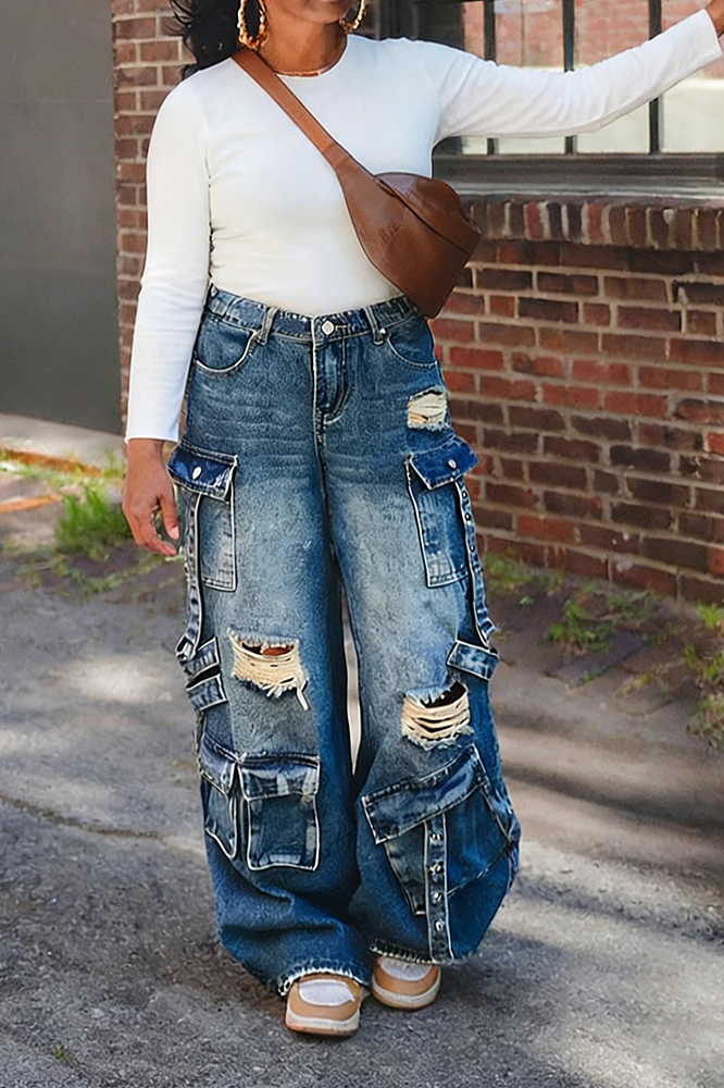 Women's Distressed Wash Multi Pocket Cargo Jeans
