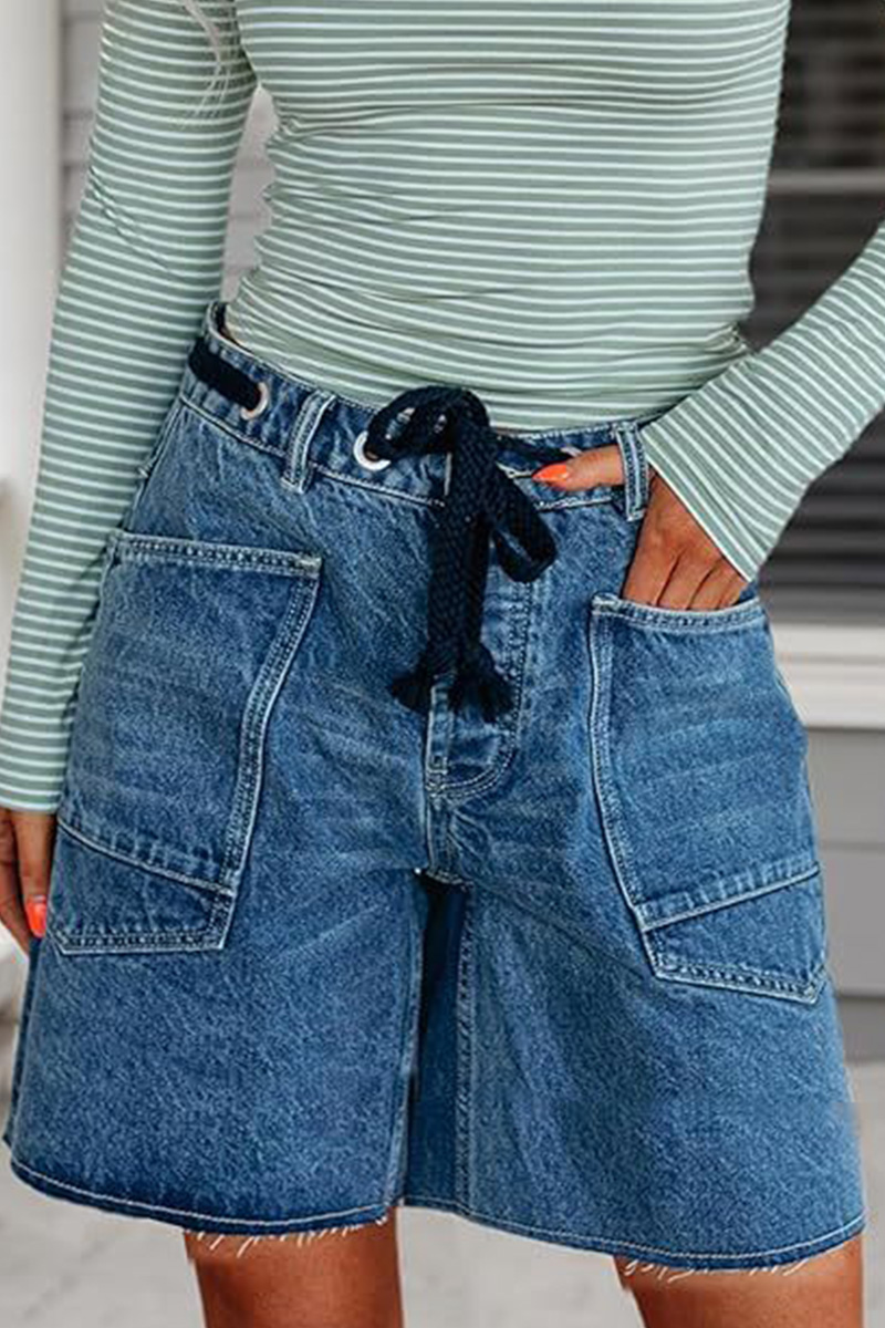 Women's Casual Drawstring Multi Pocket Loose Denim Shorts