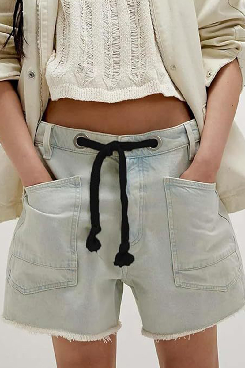 Women's Casual Drawstring Multi Pocket Loose Denim Shorts