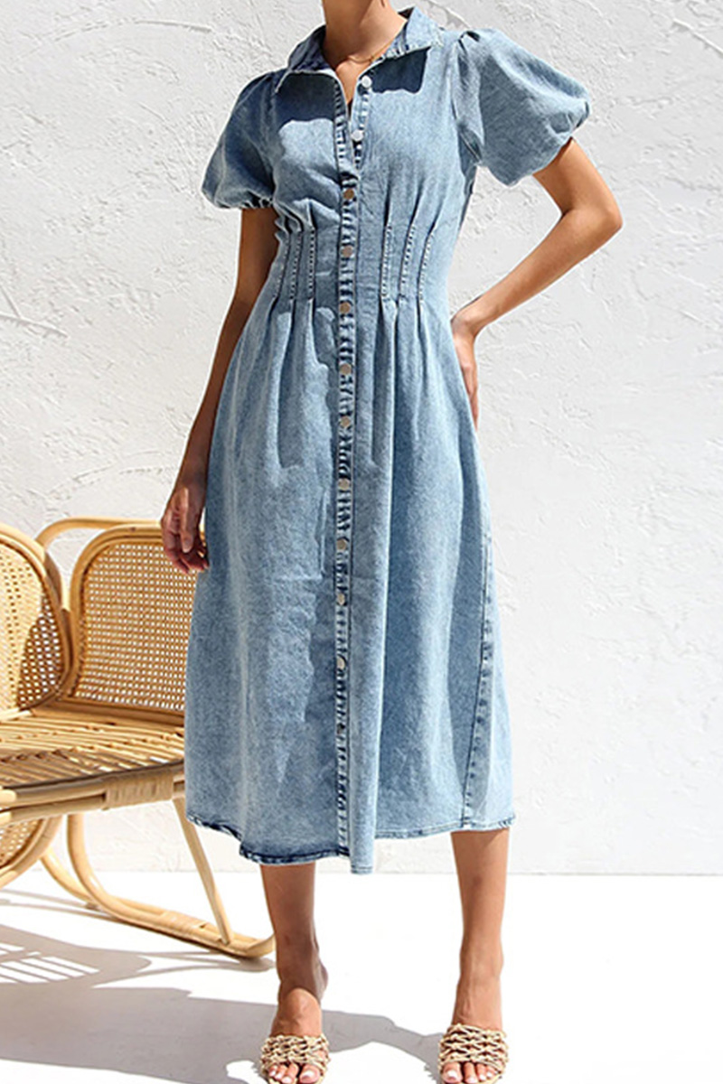 Women's Distressed Denim Maxi Dress With Puff Sleeves