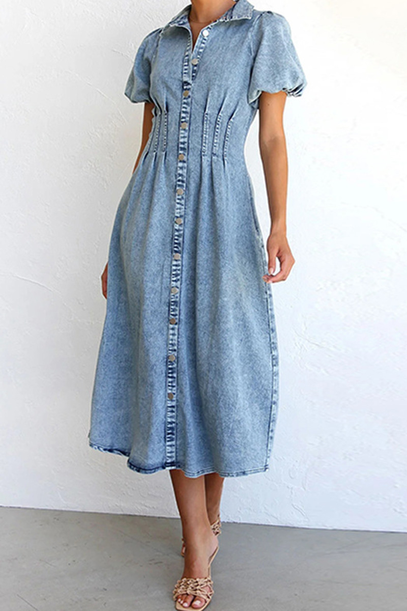 Women's Distressed Denim Maxi Dress With Puff Sleeves