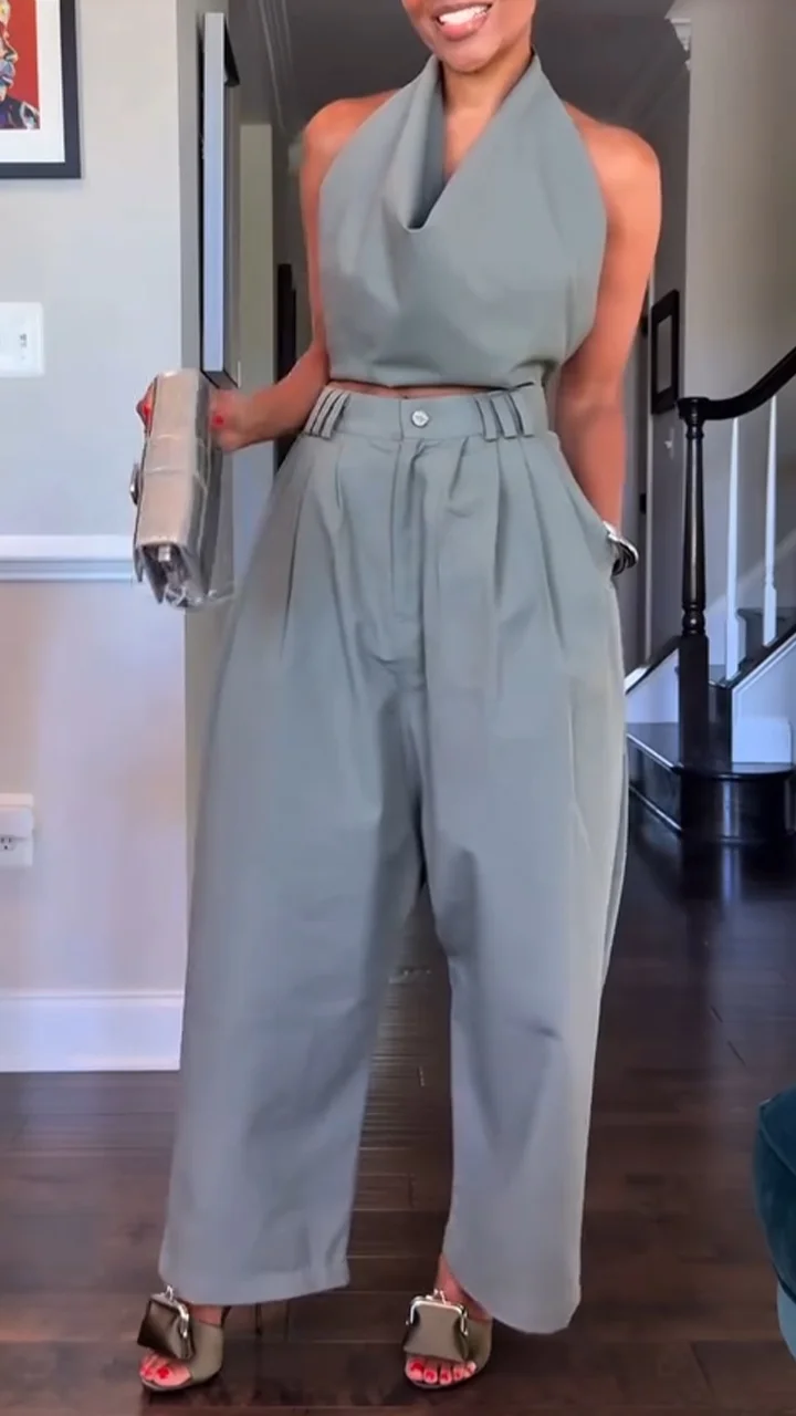 Women's Halter Neck Sleeveless Cotton and Linen Casual Suit