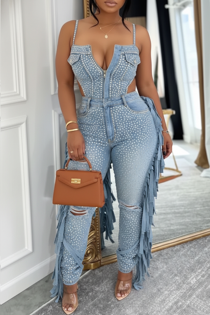 Women's Casual Rhinestone Tassel Suspender Denim Jumpsuit