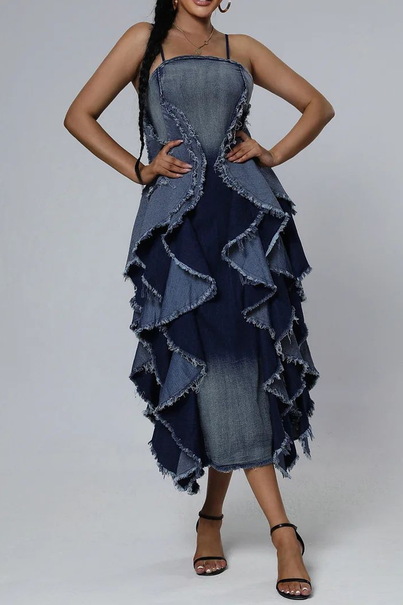 Ladies' Hot Selling Elegant Sleeveless Denim Layered Ruffle Edge Dress Denim Long Skirt