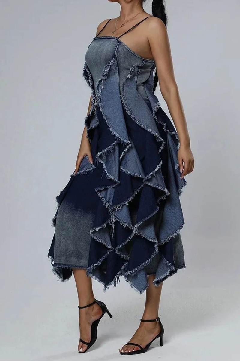 Ladies' Hot Selling Elegant Sleeveless Denim Layered Ruffle Edge Dress Denim Long Skirt