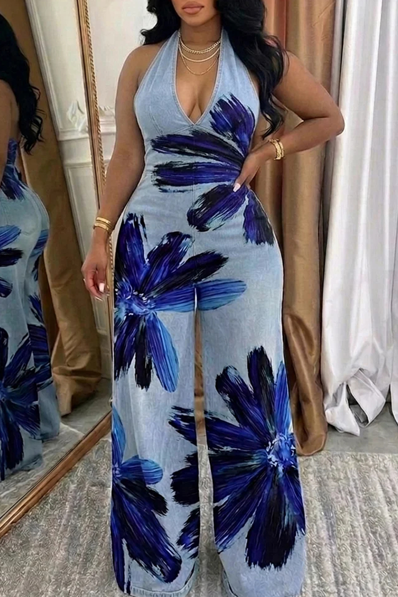Women's Elegant Printed Backless Denim Jumpsuit