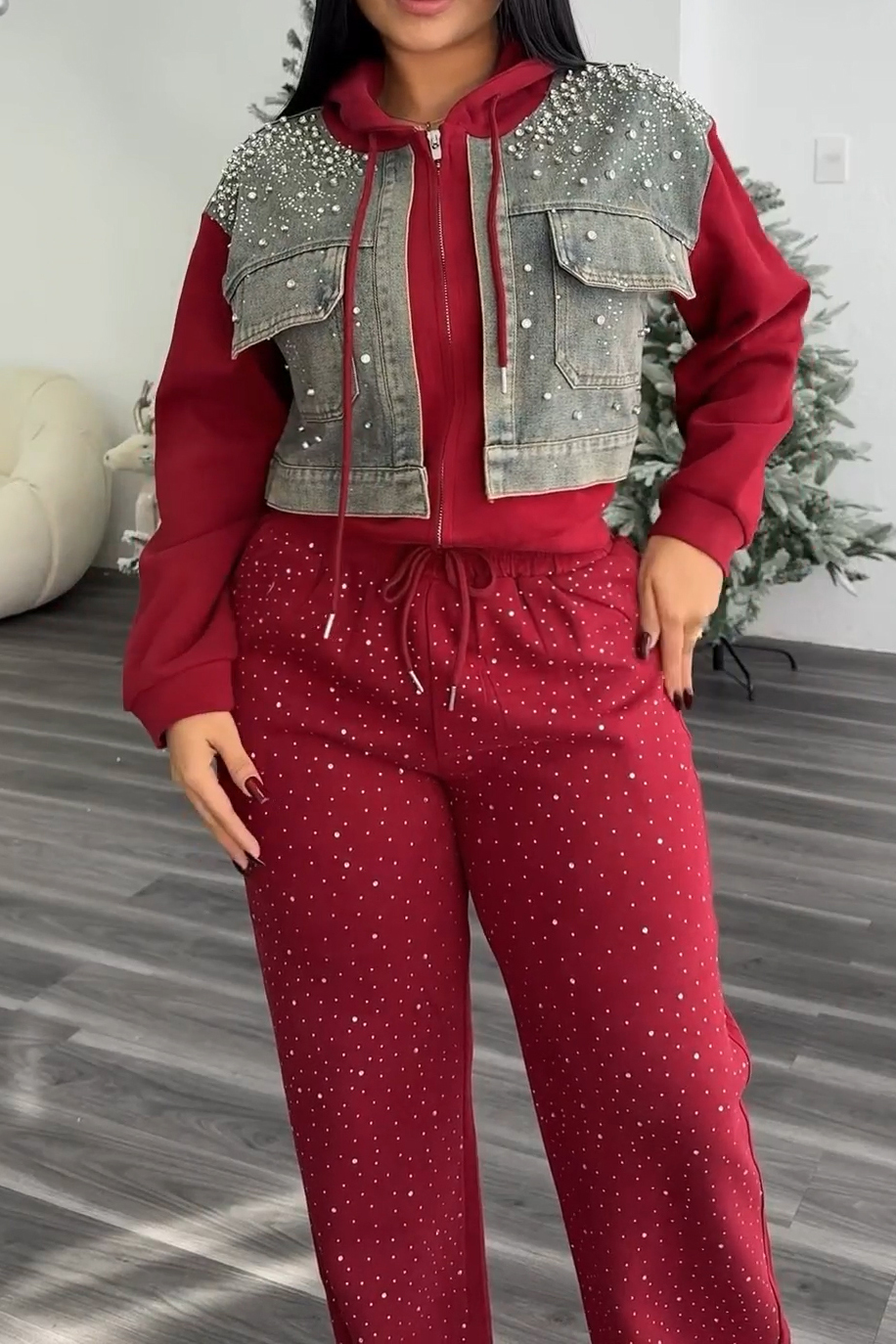 Women's Rhinestone Patchwork Denim Jacket + Beaded Waist Drawstring Jeans Set