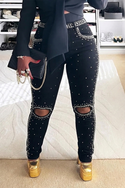 Women's Casual Rhinestone Ripped Skinny Jeans