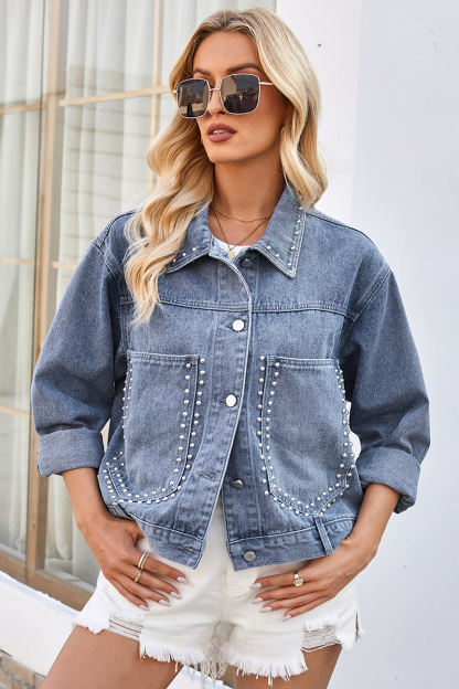 Casual Punk Studded Cropped Denim Jacket