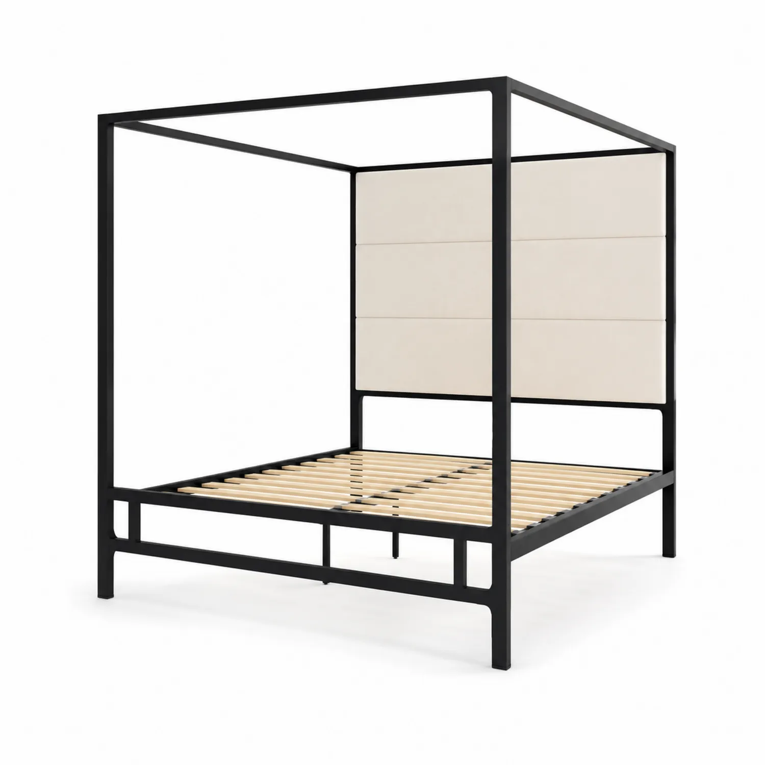 Lit à baldaquin en métal avec tête de lit en tissu 160x200 cm Noir/Beige