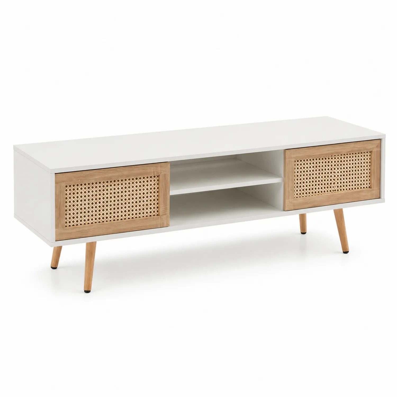 Meuble TV en bois et rotin 140 cm Blanc et Naturel