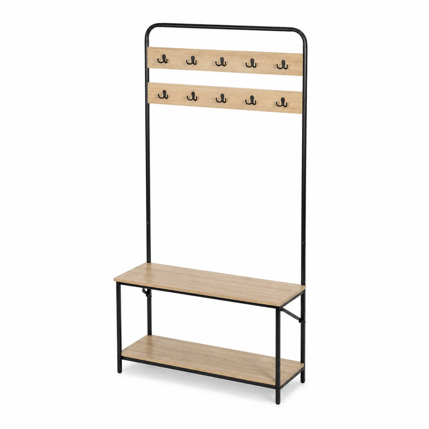 Portemanteau en métal et bois avec banc et étagère, 180x80x30 cm, Noir