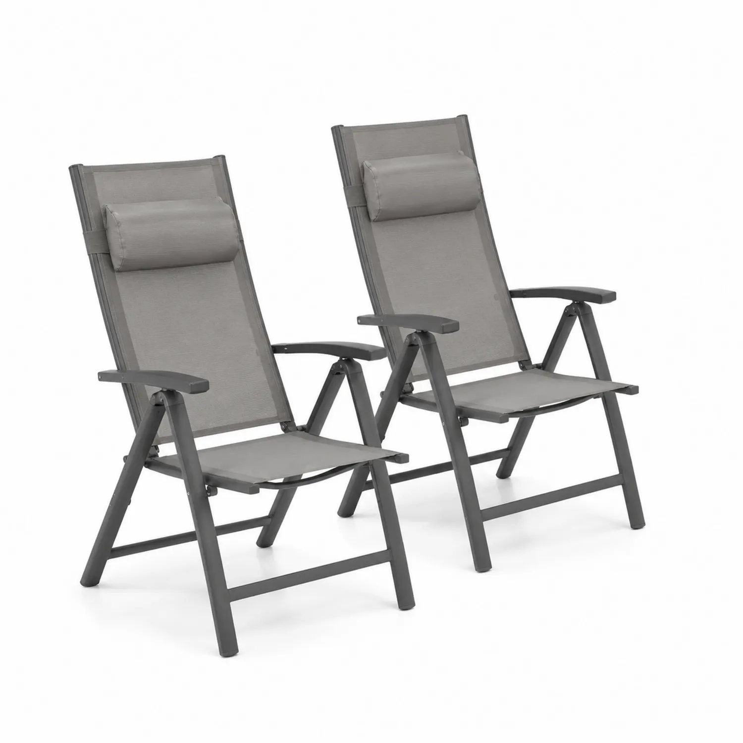 Ensemble de 2 chaises pliantes d'extérieur en aluminium et textile polyester gris