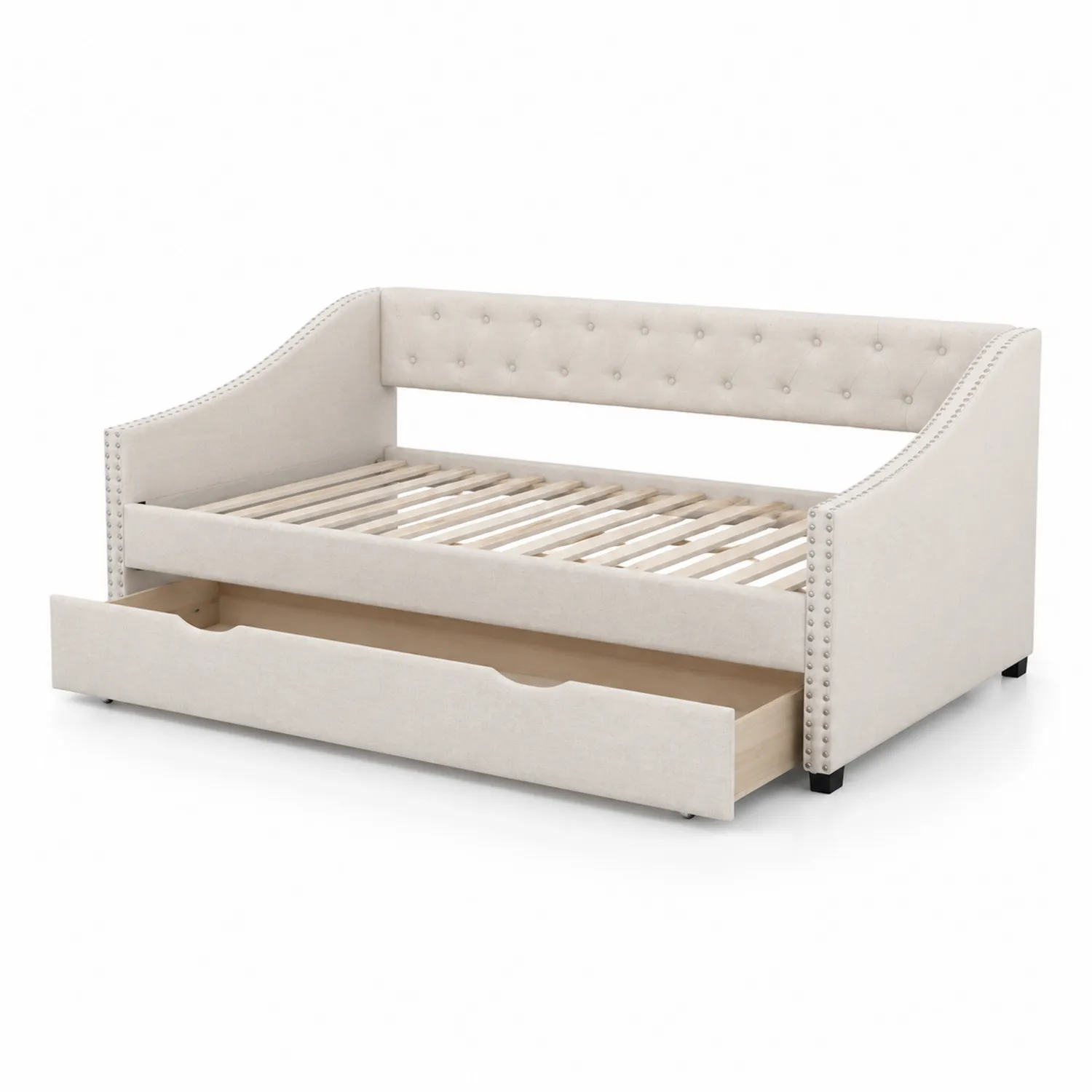 Lit de jour en bois et tissu avec tiroir Beige