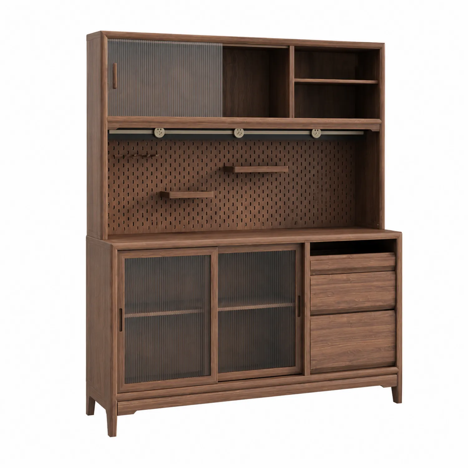 Buffet en bois avec portes coulissantes en verre cannelé