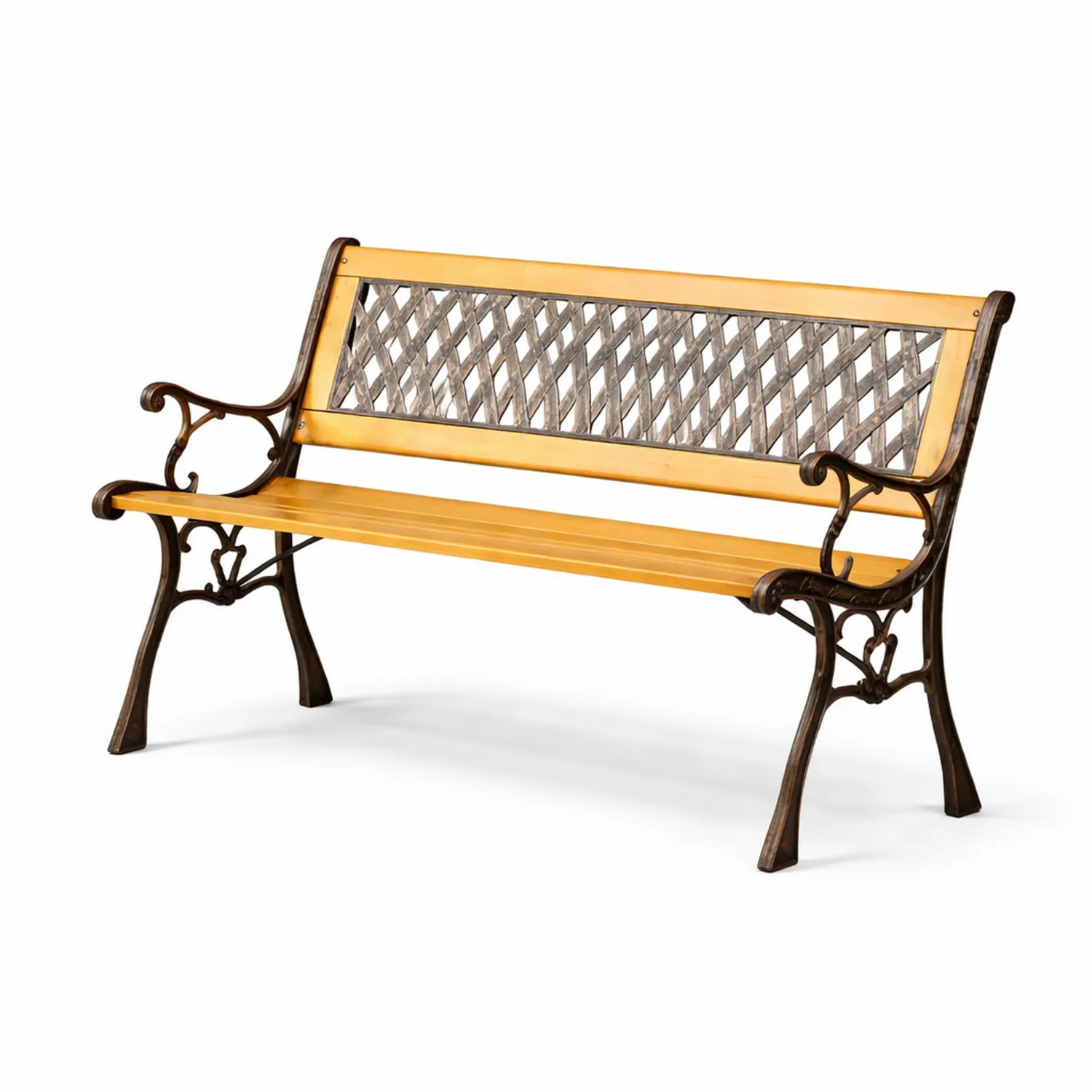 Banc de jardin en bois et fonte avec dossiers en treillis